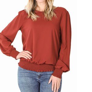 Fired Brick Puff Sleeve Smocked Hem/Cuff Blouse